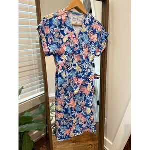 J.McLaughlin True Wrap‎ Floral Print Dress -Blue Pink Linen Size XS EUC Tropical